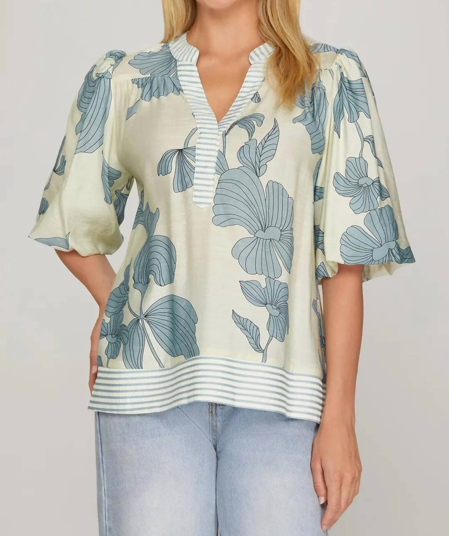 She + Sky - Bubble Sleeve Blouse