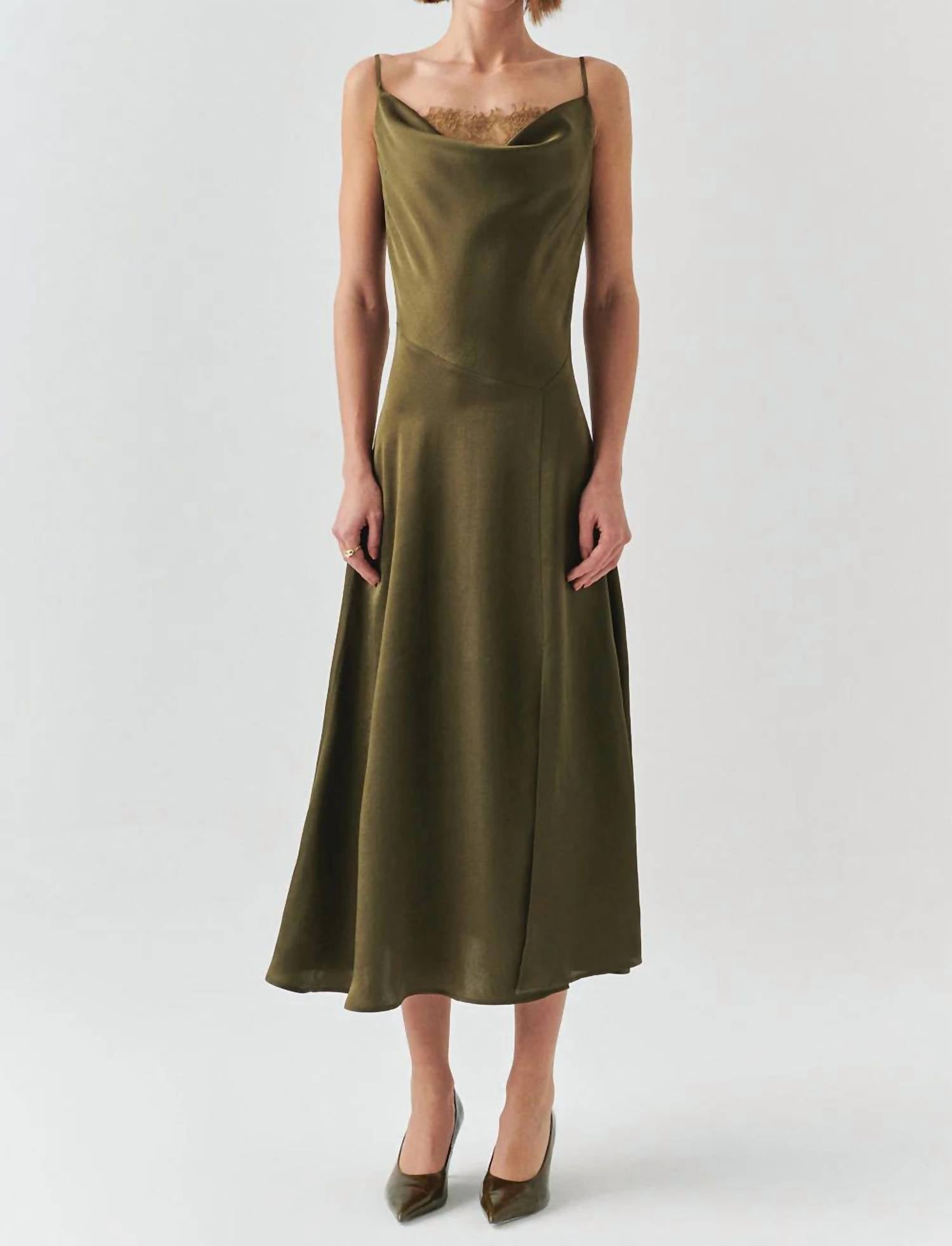 EXQUISE Macy Cowl Neck Sleeveless Midi Dress in green - women's dress