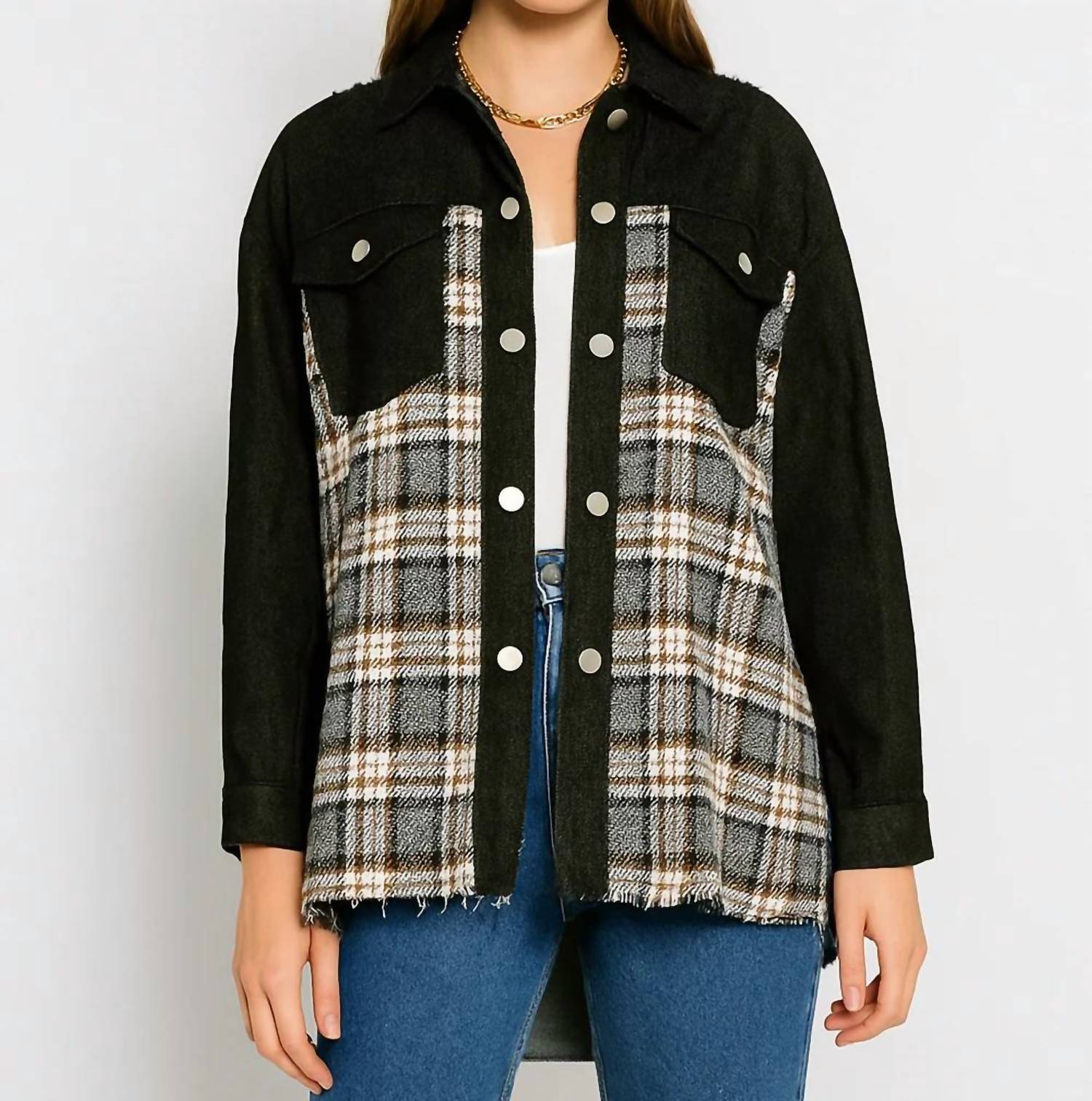 Sweetkama - Plaid Color Block Jean Jacket