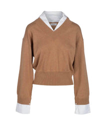 Naadam - Women's Cotton Cashmere Mixed Media V-neck Top