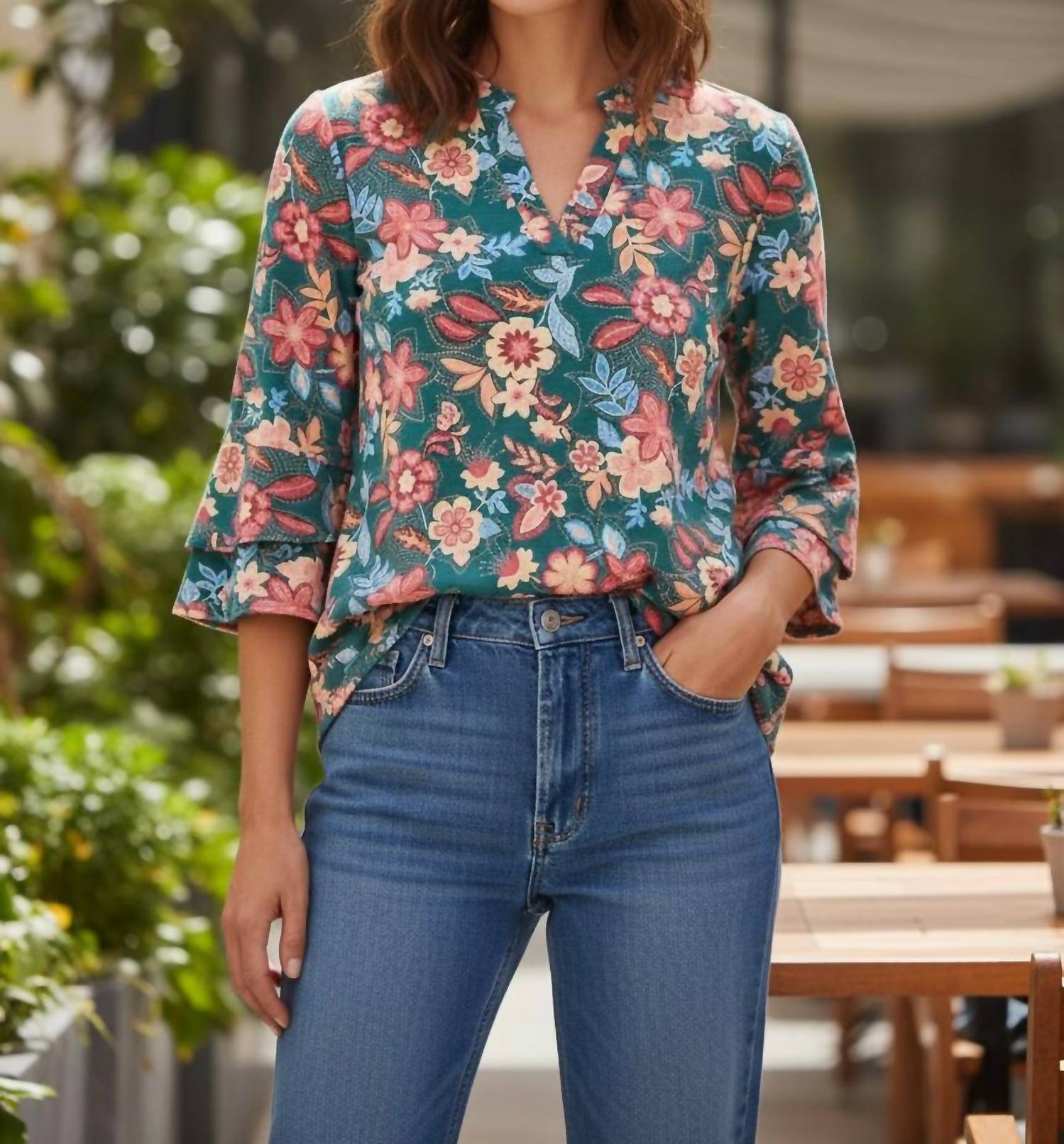 Dear Scarlett Tiered Bell Sleeve Floral Top in multi - women's long sleeve top