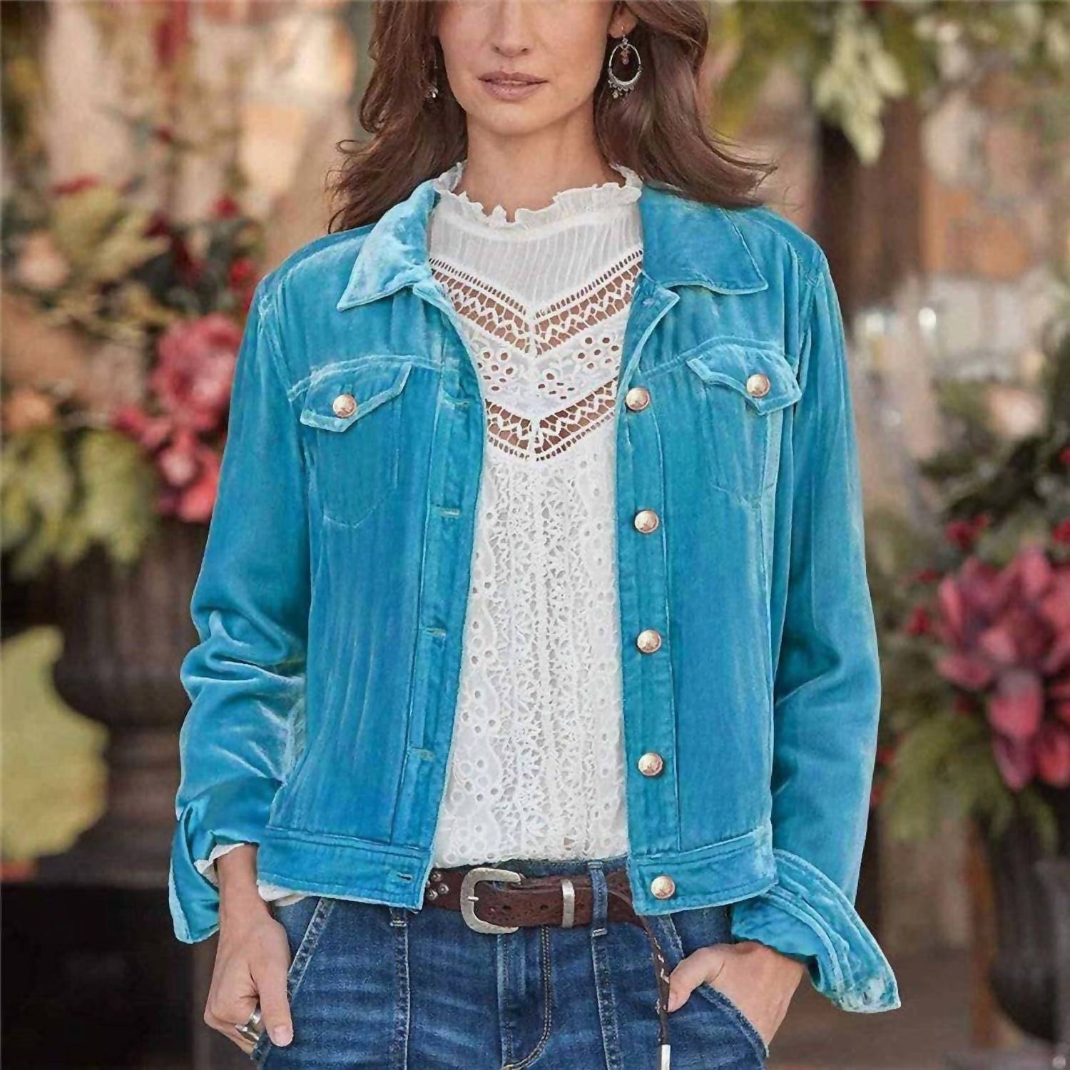 UZWholesale Cropped Velvet Jacket With Lapel in turquoise - women's jacket