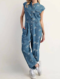 Ee:Some - Floral Embroidered Denim Cap Sleeve Jumpsuit