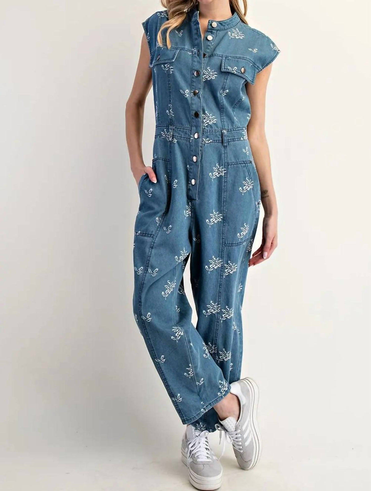 Ee:Some - Floral Embroidered Denim Cap Sleeve Jumpsuit