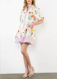 Rosa Clothing Marbella Bohemia Floral Puff Sleeve Relaxed Midi Dress in white - women's dress - alternate view