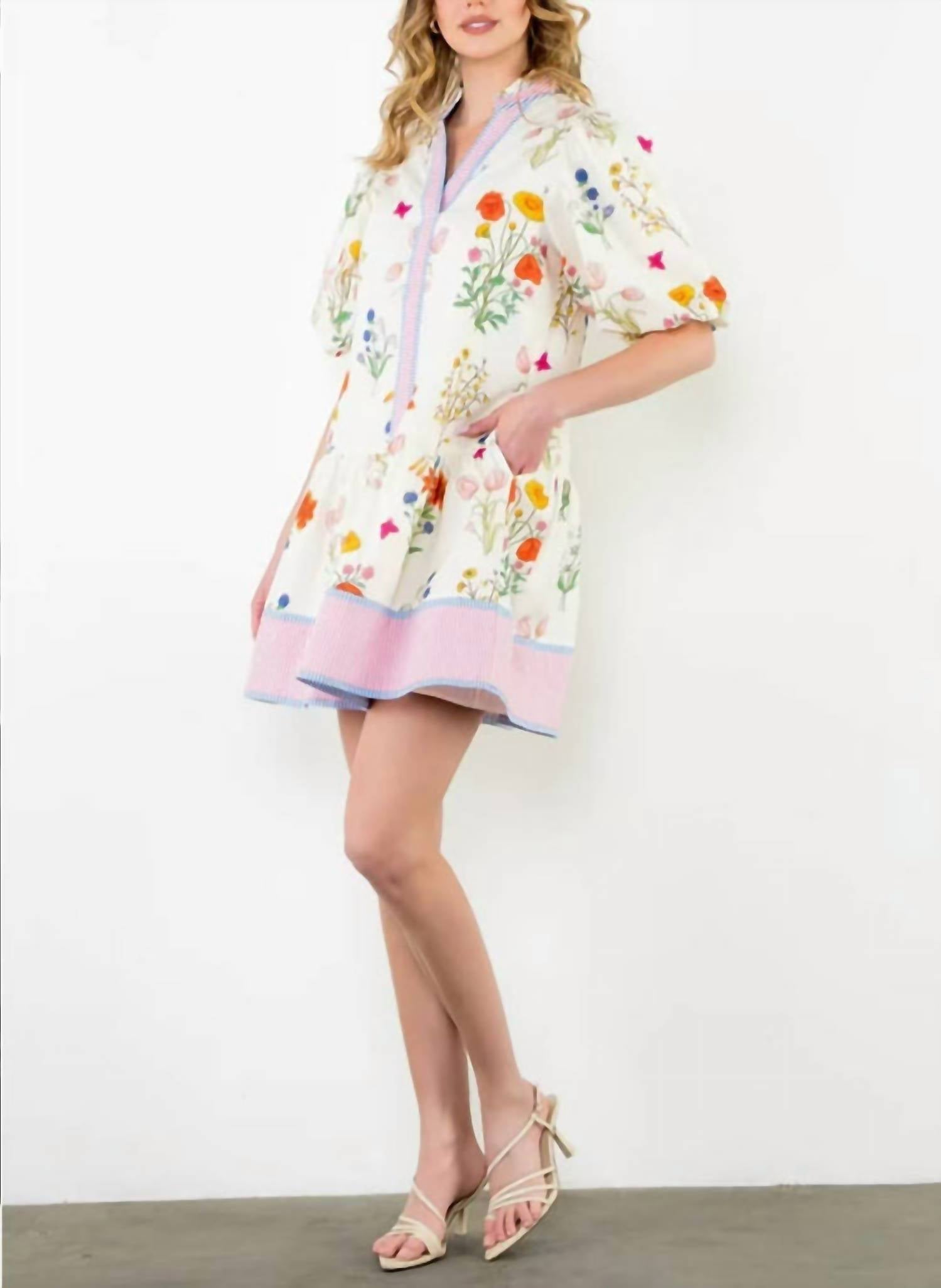 Rosa Clothing Marbella Bohemia Floral Puff Sleeve Relaxed Midi Dress in white - women's dress - alternate view