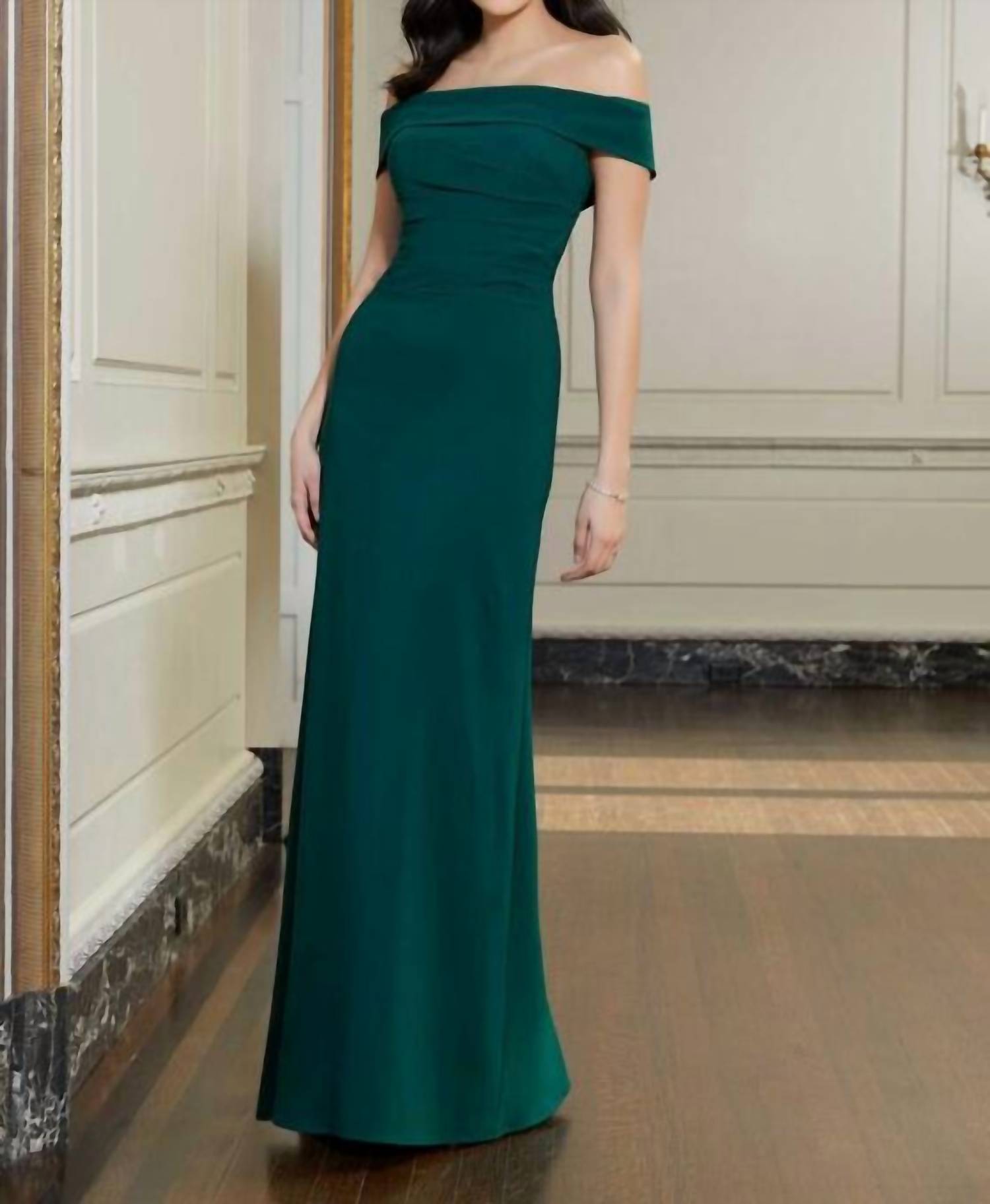 MGNY Draped Bodice Off The Shoulder Dress in emerald - women's dress
