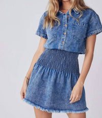 BluIvy Button Up Smocking Waist Denim Mini Dress in blue - women's dress - view 5