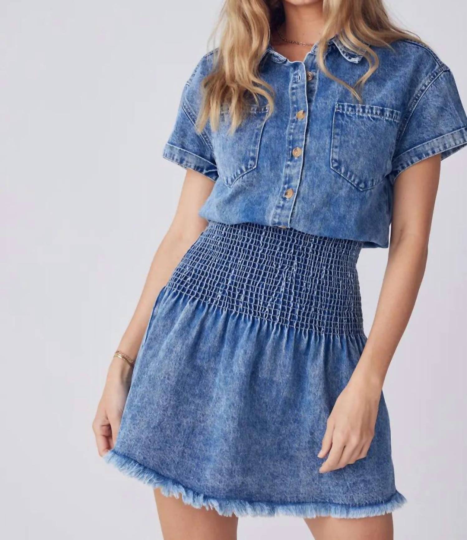 BluIvy Button Up Smocking Waist Denim Mini Dress in blue - women's dress - view 5