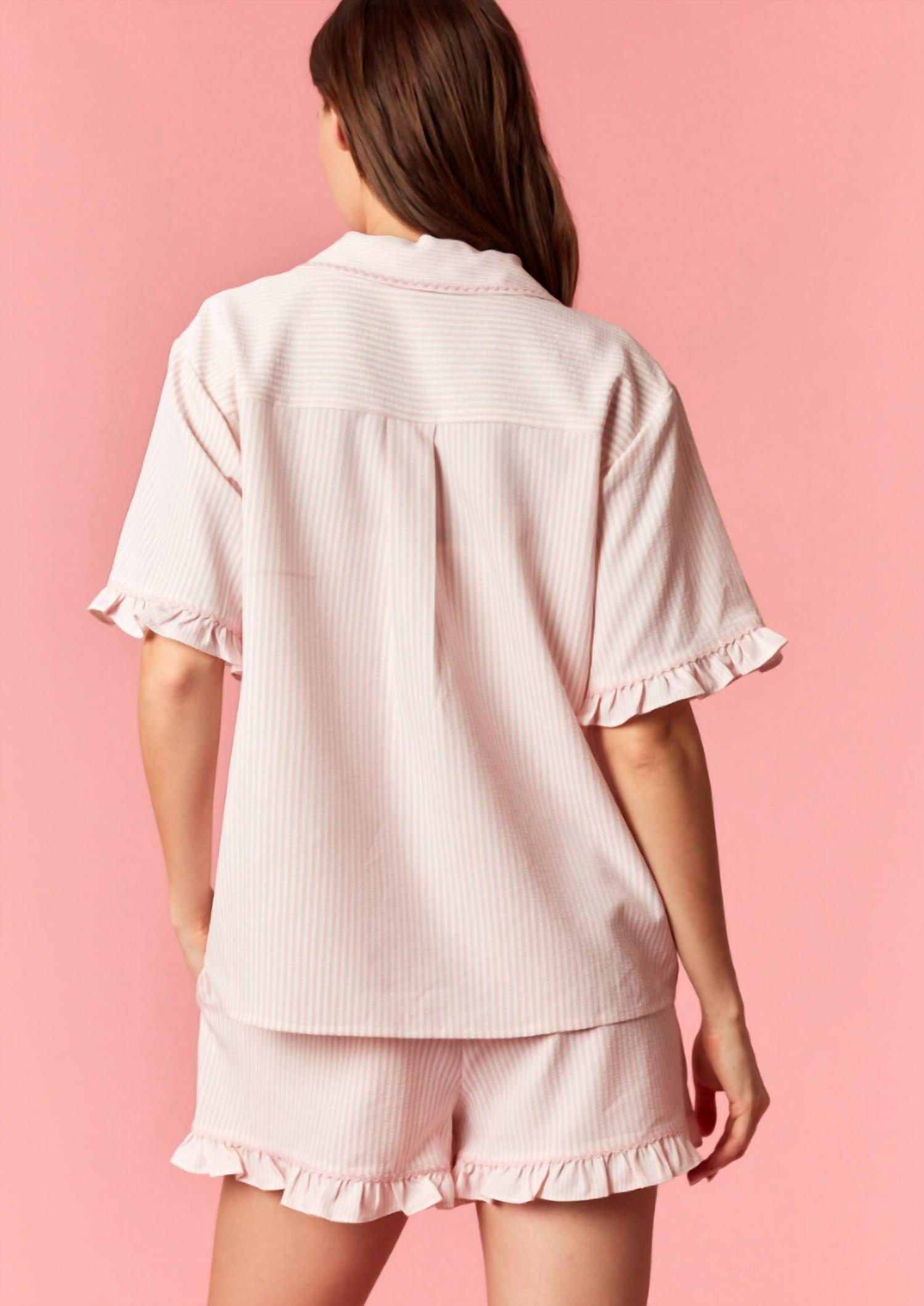 Peach Love - Mini Ric Rac with Ruffle Detailed Striped Short Sleeve & Shorts Pajama Set
