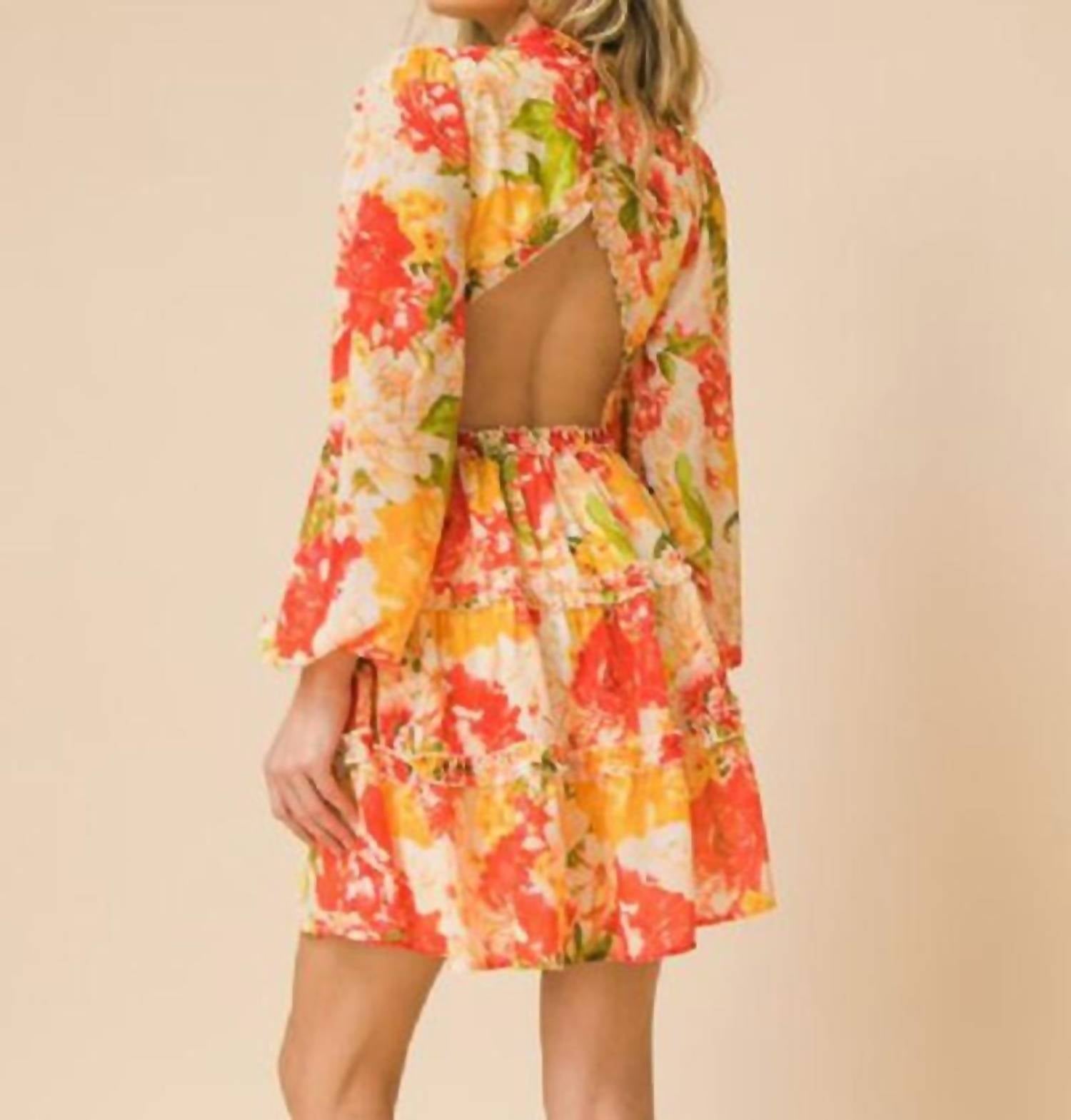 Flying Tomato - Printed Woven Cut Out Mini Dress