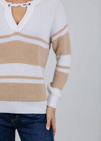 Autumn Cashmere Shaker Stripe Sweater With Crochet Chain Detail in bleach white latte - women's sweater - view 4
