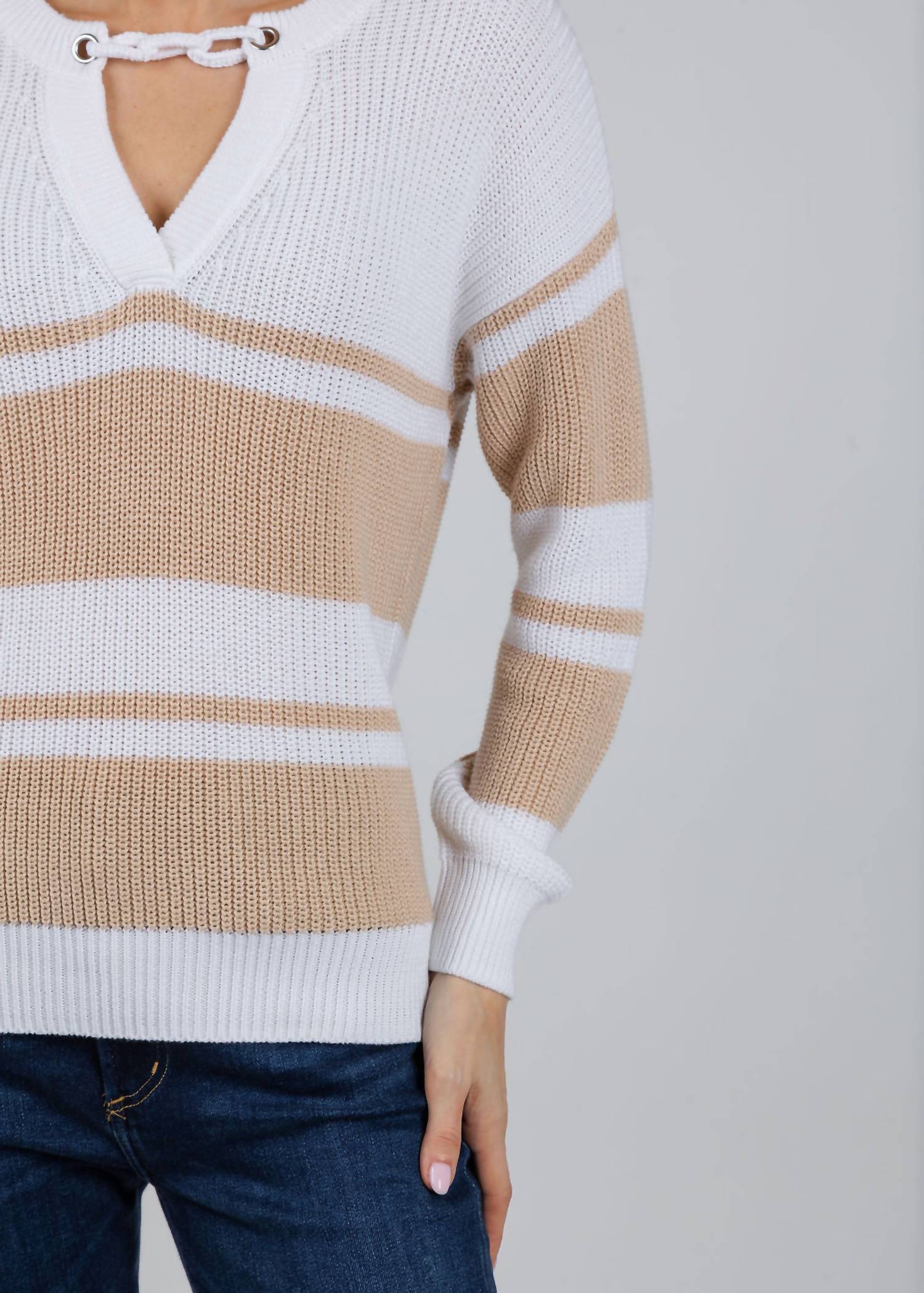 Autumn Cashmere Shaker Stripe Sweater With Crochet Chain Detail in bleach white latte - women's sweater - view 4