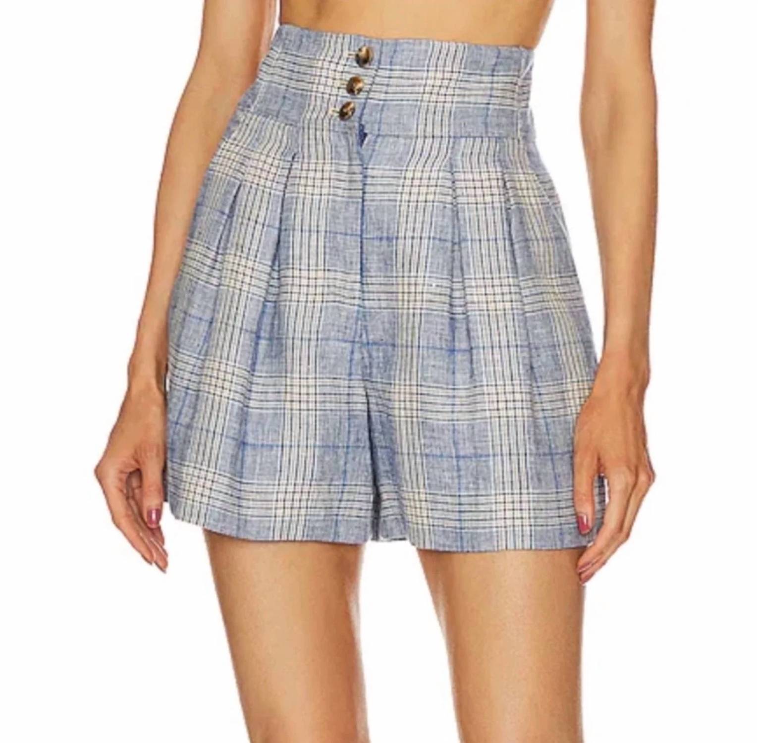 Veronica Beard - Alicia Plaid High Rise Wool Linen Blend Shorts