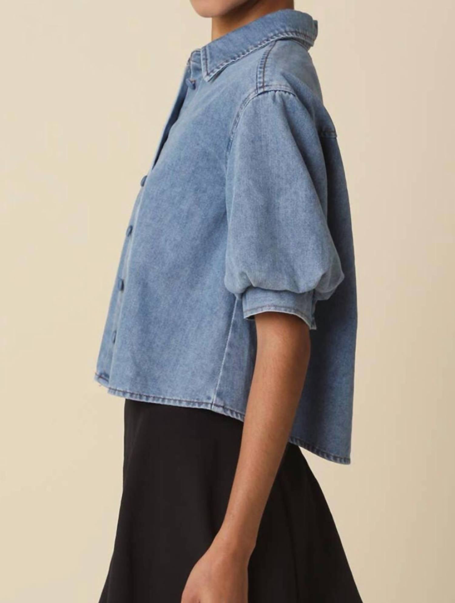 OLIVACEOUS Puff Sleeve Top in denim - women's blouse - detail view