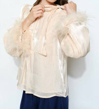 Skies Are Blue - Delphine Metallic Shimmer Bow Tie Feather Hem Blouse Top