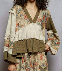 Pol - Earth-Toned Patchwork Peasant Top