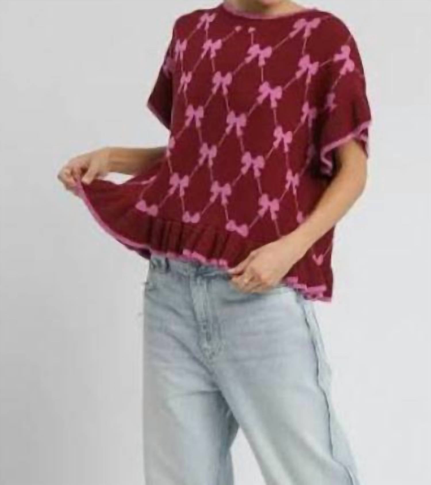 umgee Women's Bow Knit Ruffle Sleeve Sweater in red - women's sweater - detail view
