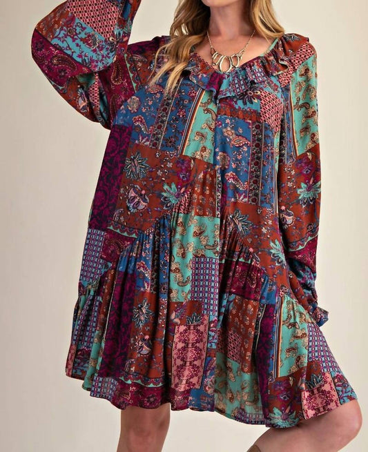 Easel - Patchwork Printed Mini Dress