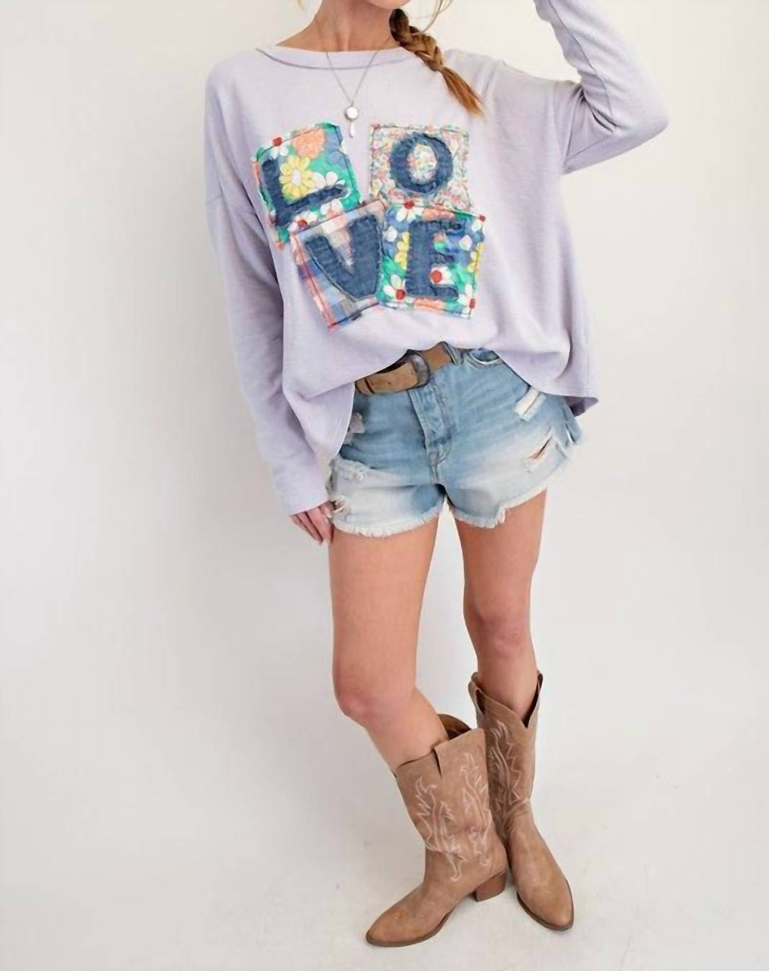 Easel - Love Patch Rib Knit Mineral Washed Top