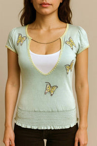 Paparazzi - Chained V-neck Top With Embroidery & Beaded Works