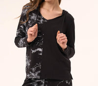 french kyss Abstract Print Two Tone V-Neck Hoodie in black white - women's top