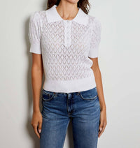 DESIGN HISTORY Short Sleeve Textured Polo in white - women's blouse