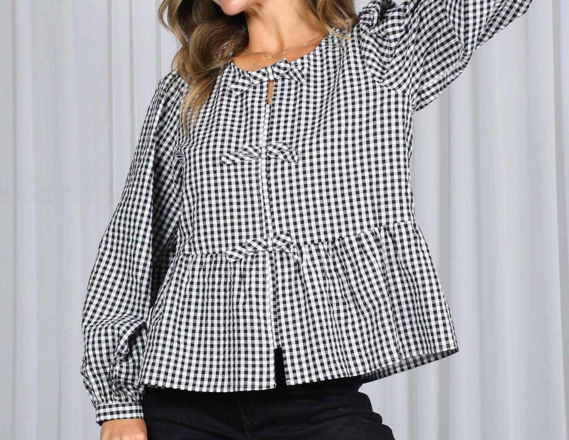 Vine & Love - Charming Gingham Bow Blouse
