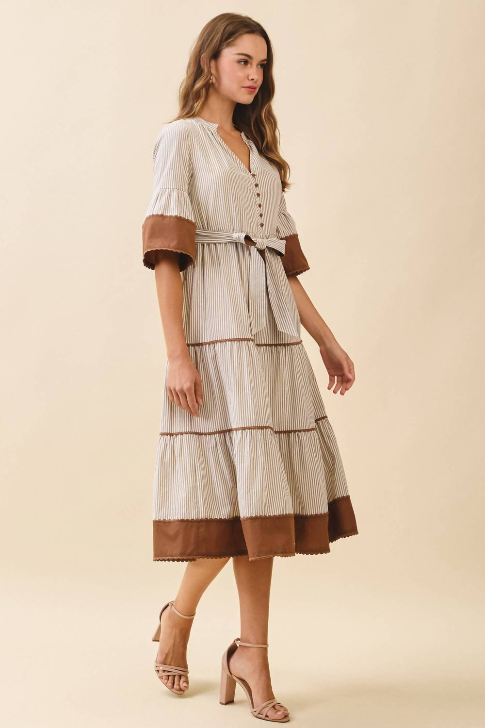 Tcec - Striped Split Neck Contrast Trim Detail Midi Dress