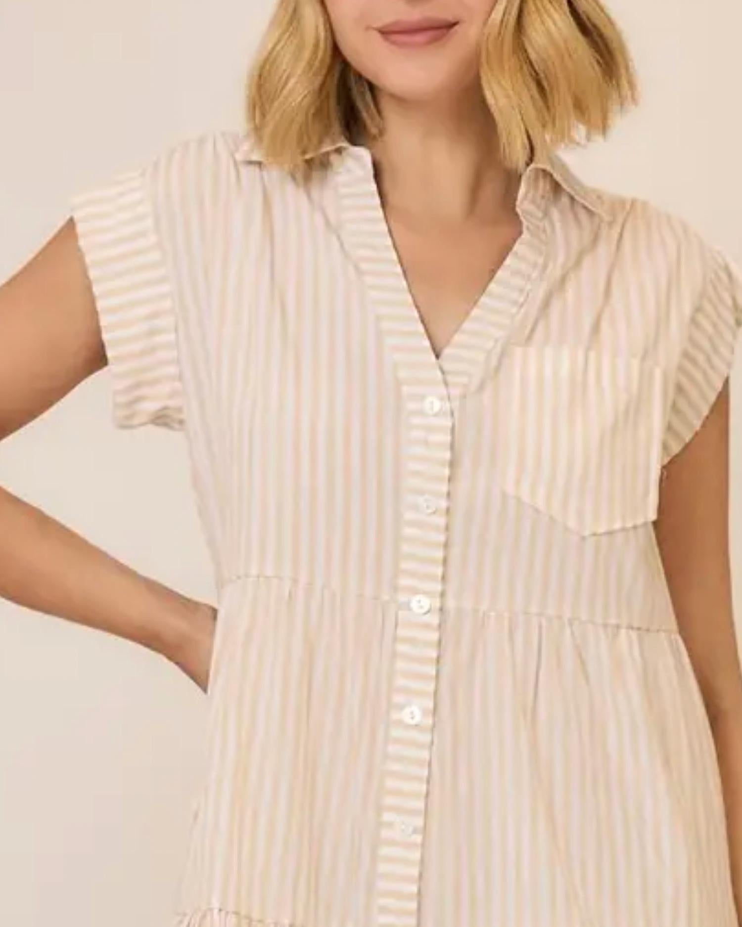 Cozy Co. - Stripe Cap Sleeve Tiered Button Down Mini Dress