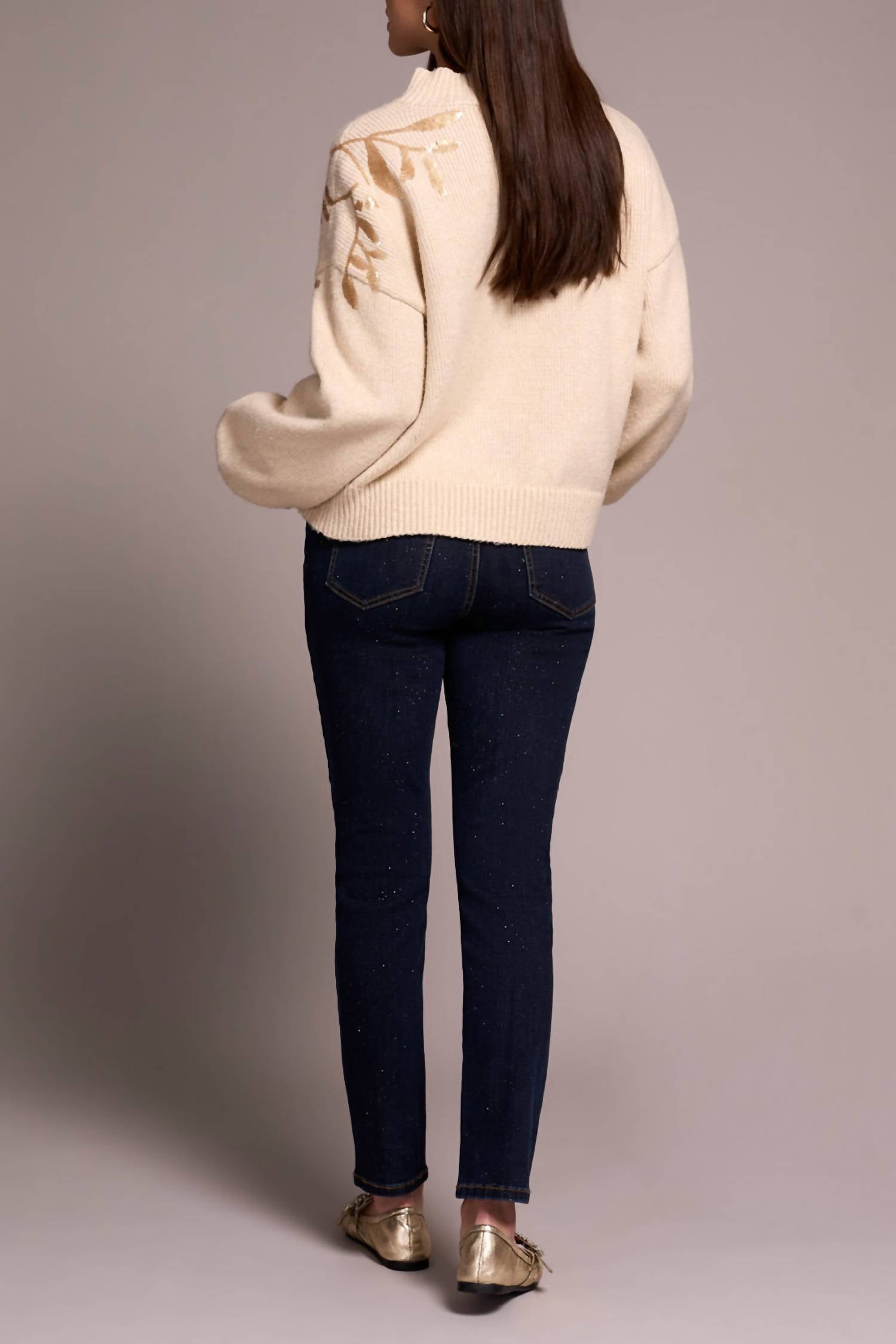 TRIBAL Mock Neck With Sequins Sweater in latte - women's sweater - detail view