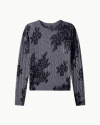 Minnie Rose Cashmere Printed Lace Cable Crew Neck Sweater in charcoal heather grey - women's sweater - view 5