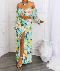 Surelymine - Tropical Floral Puff Sleeve Two-Piece Set with Slit Skirt