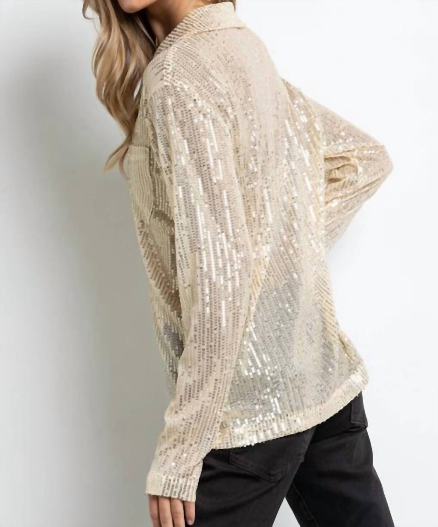 Kiwi Sequined Button Down Long Sleeve Mesh Blouse Shirt in gold - women's blouse - alternate view