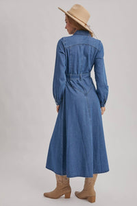 Bluivy - Denim Button Down Belted Shirt A-line Maxi Dress