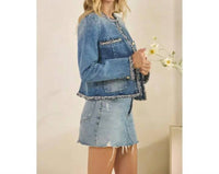 Veveret - Tweed Trimmed Front Pocket Denim Jacket