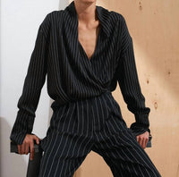 Acaria Studio Historical Long Sleeve Top in black stripe - women's blouse - detail view