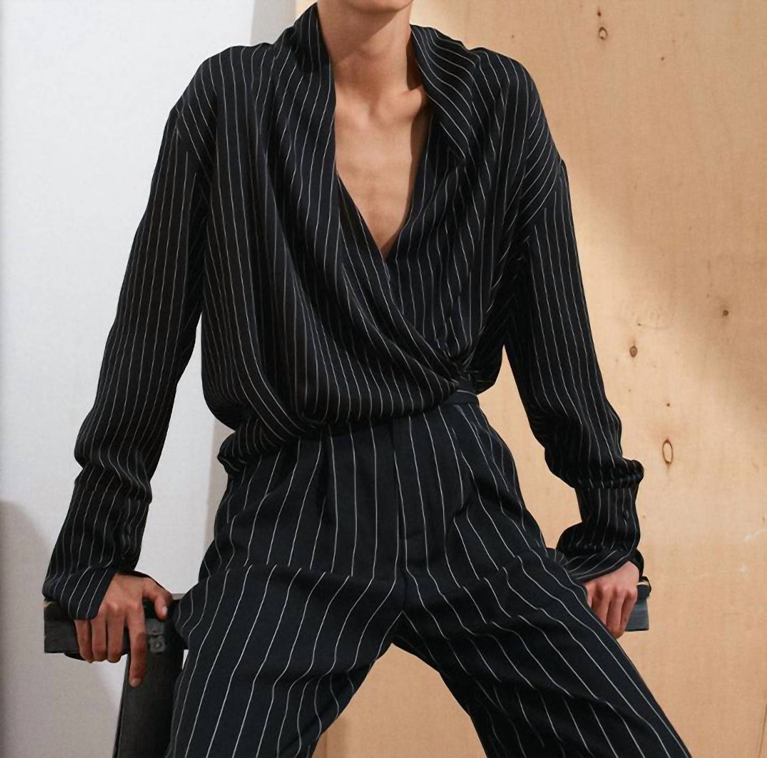 Acaria Studio Historical Long Sleeve Top in black stripe - women's blouse - detail view