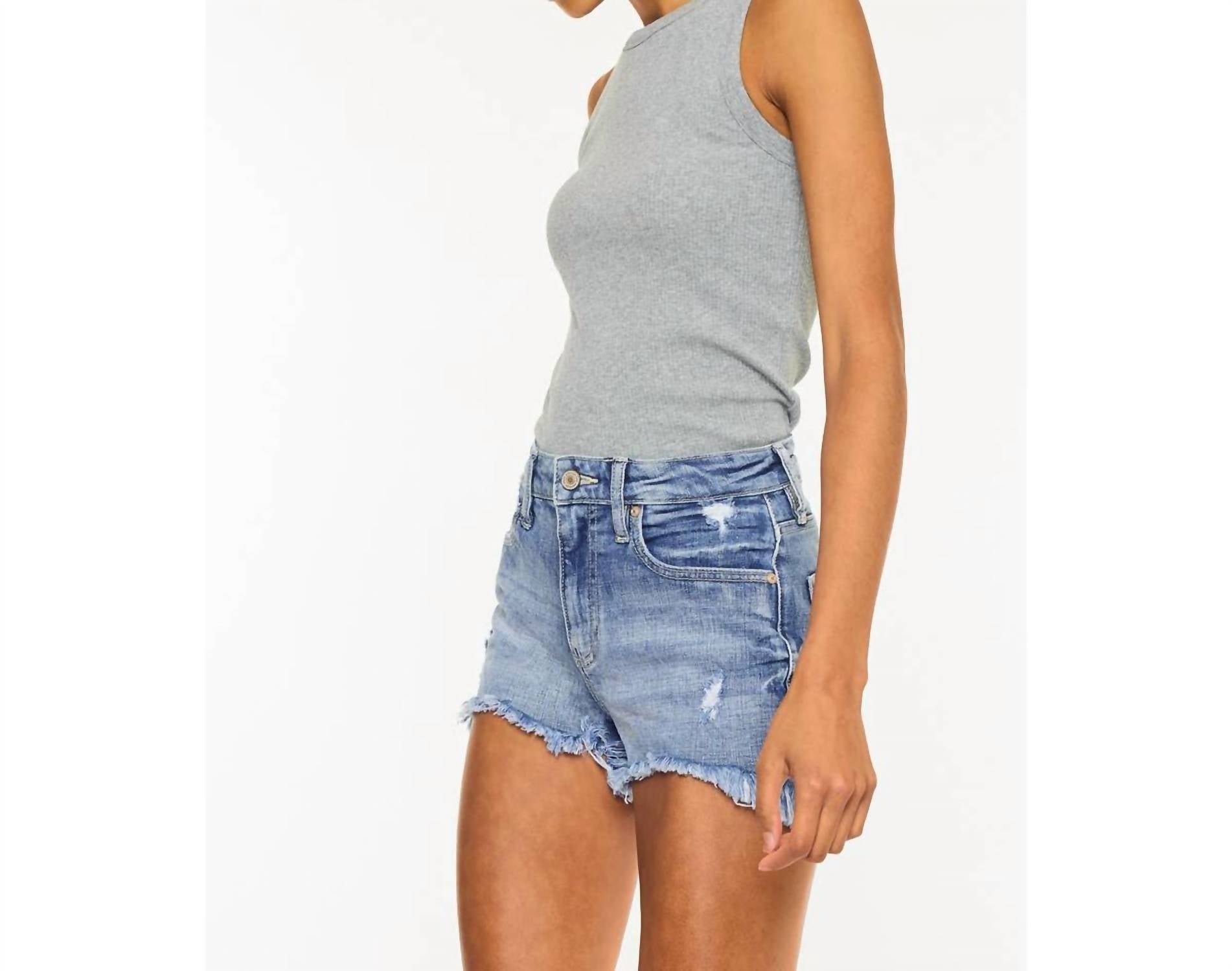 KanCan High Rise Mom Shorts in medium denim - women's shorts - detail view
