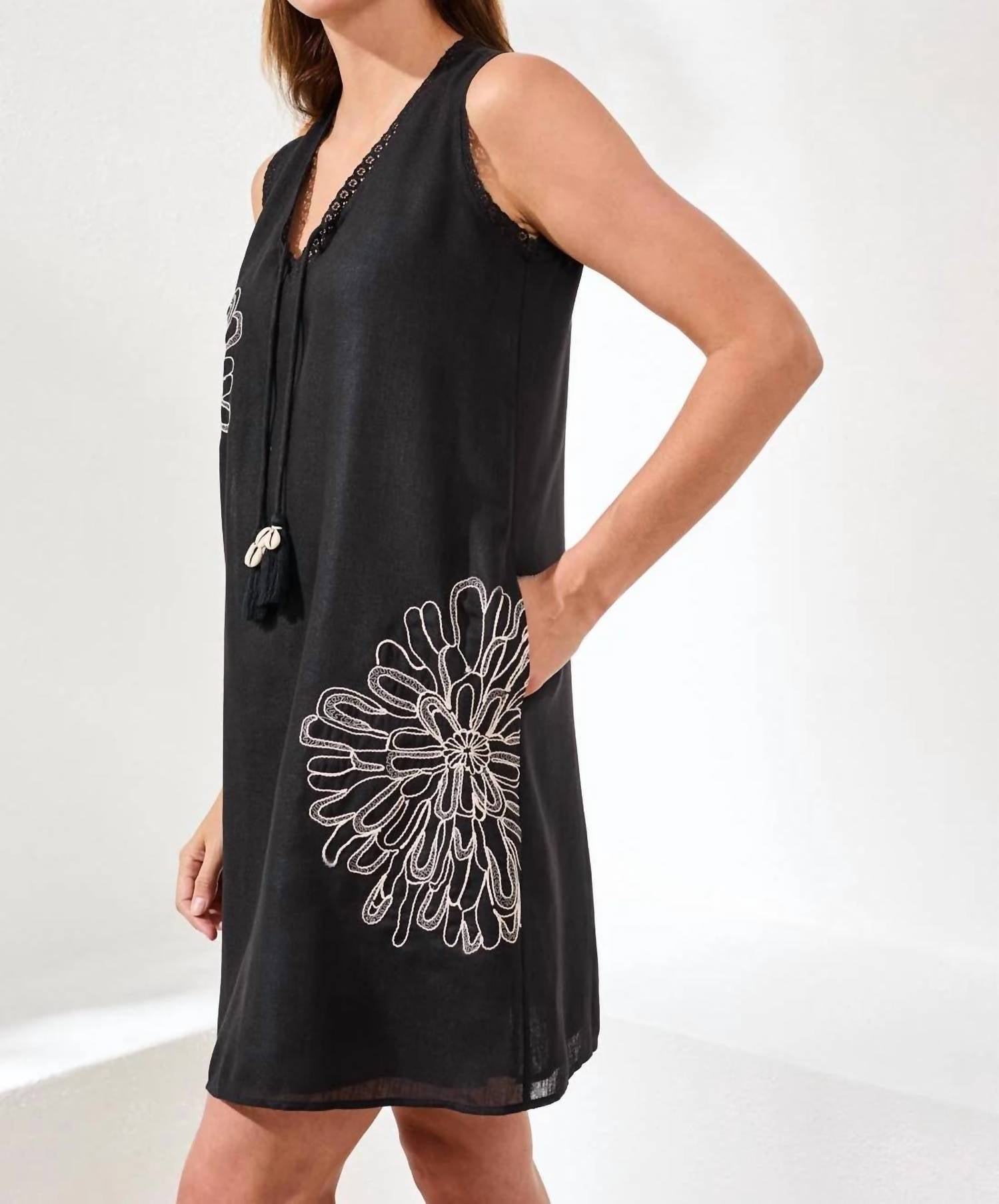 Tribal - Embroidered V-neck Sleeveless Dress With Tassel Accents