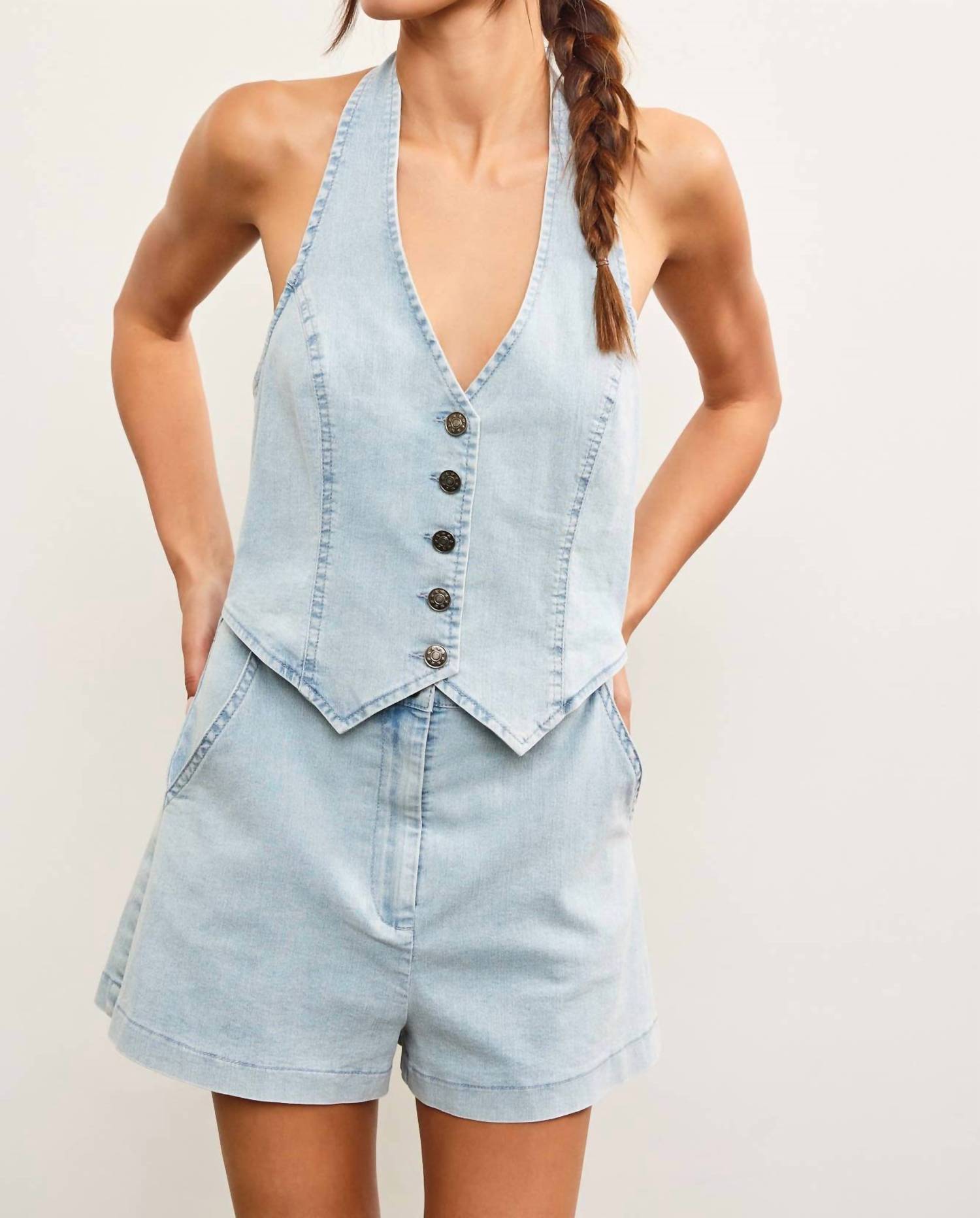 Mustard Seed Halter Neck Button Closure Vest Romper in icy denim - women's pants - view 7