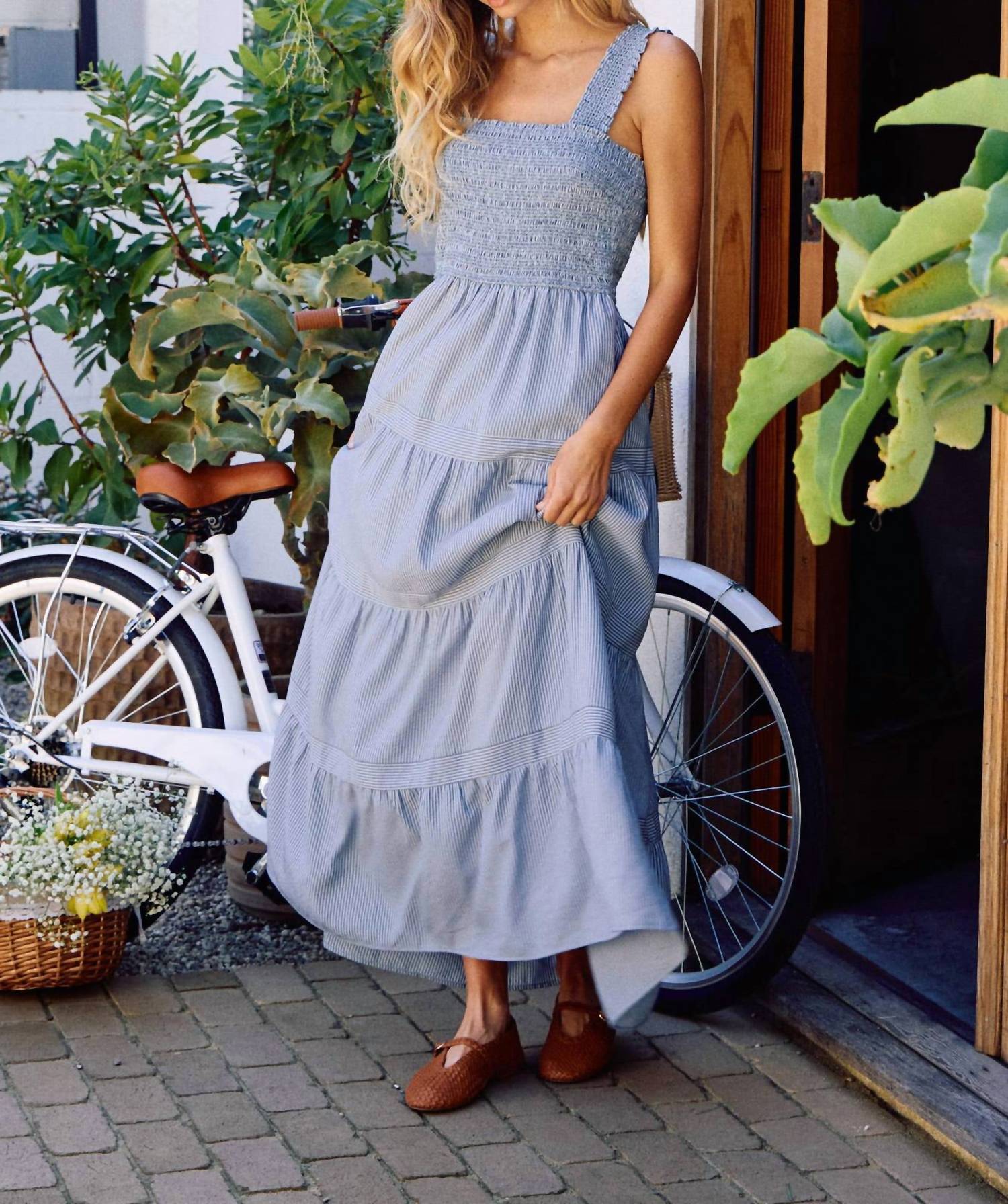 Mustard Seed Square Neck Smocked Tiered Maxi Dress in denim - women's dress - view 7