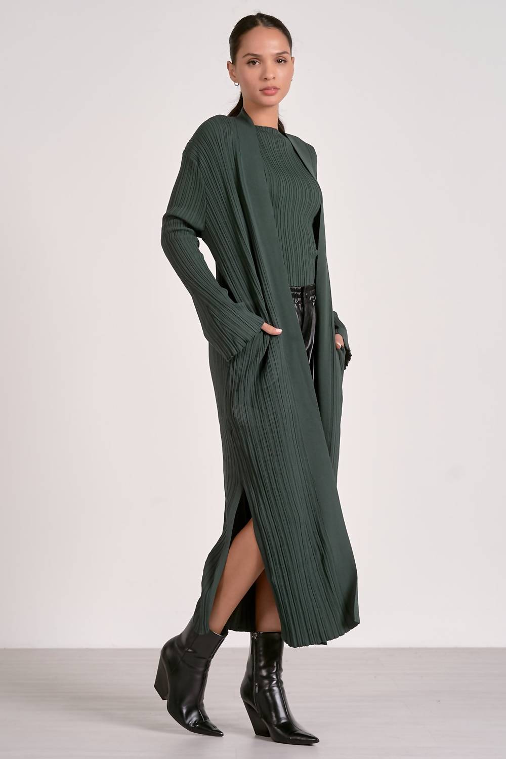 ELAN Long Sweater Cardigan in pine - women's cardigan - alternate view