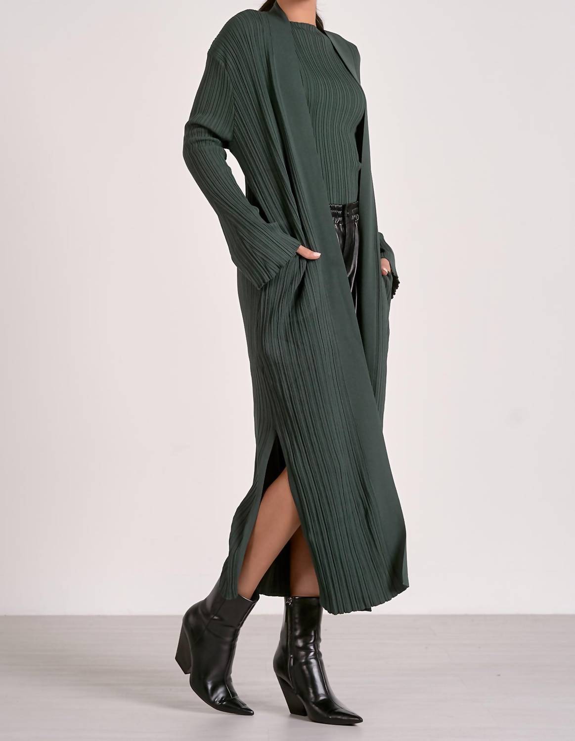 ELAN Long Sweater Cardigan in pine - women's cardigan - detail view