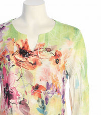 Jess & Jane Women's Victoria Slit V-neck Chiffon Contrast Top in watercolor floral print - women's blouse - alternate view