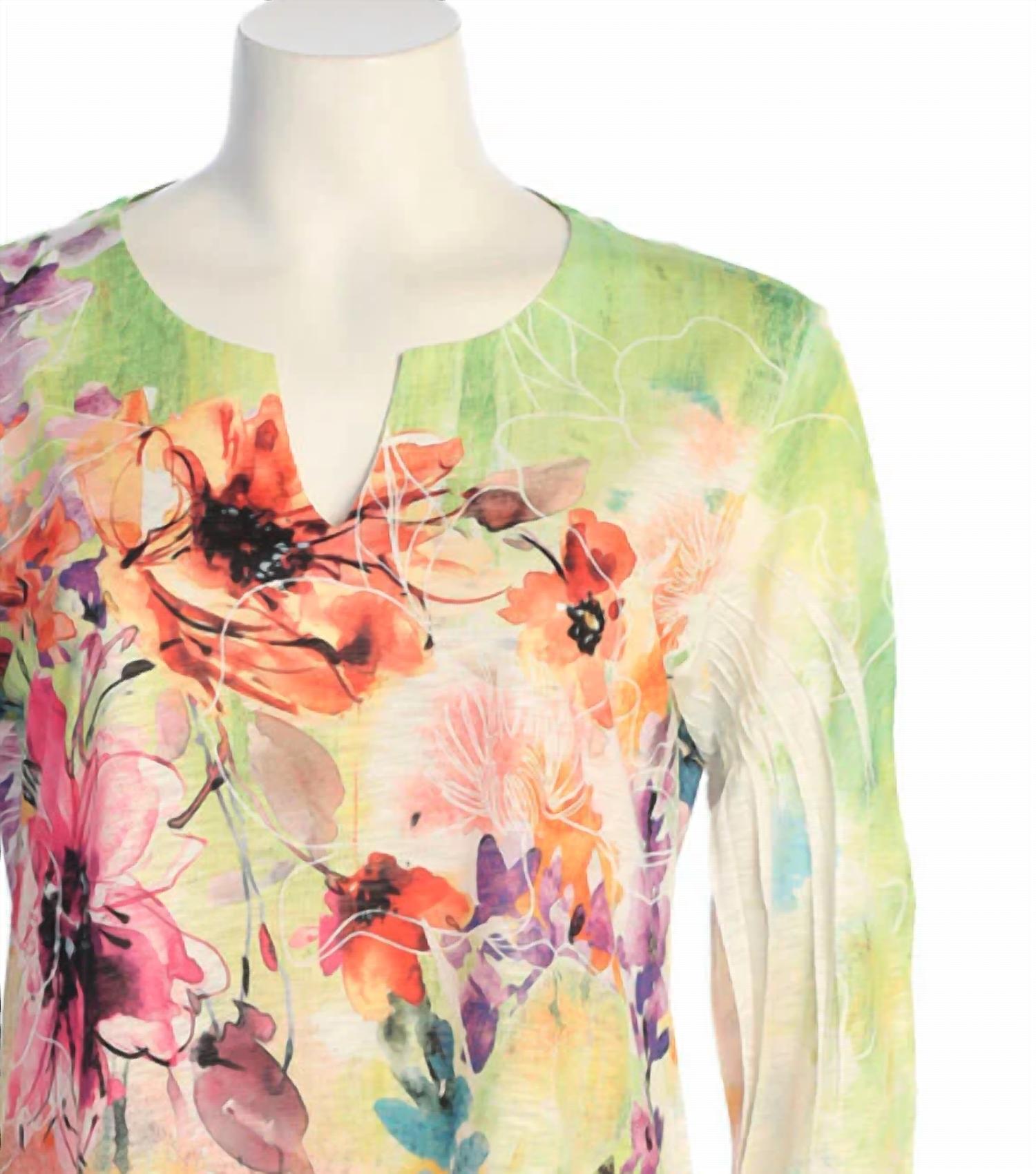 Jess & Jane Women's Victoria Slit V-neck Chiffon Contrast Top in watercolor floral print - women's blouse - alternate view