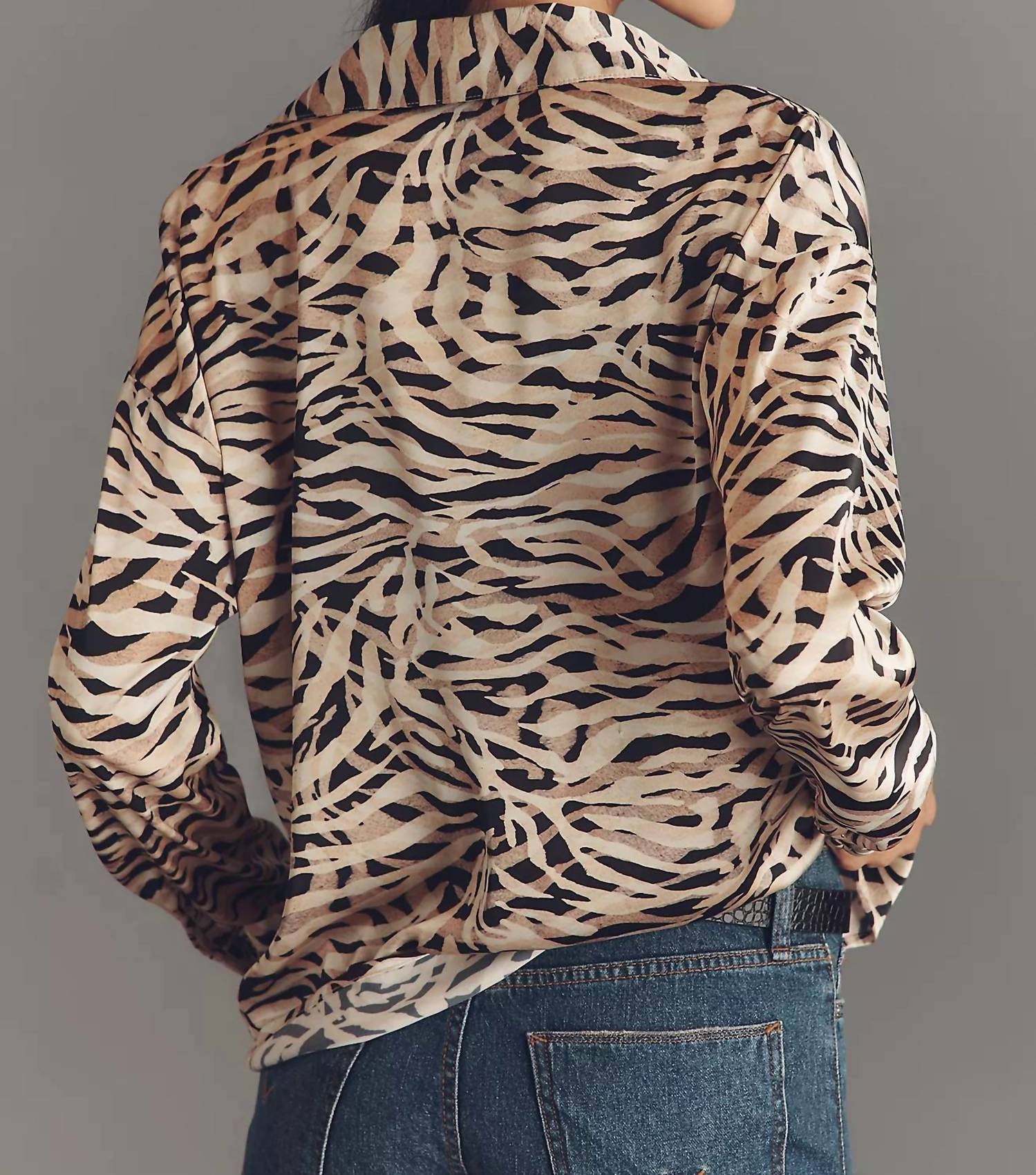 hutch Ayer Long Sleeve Top in latte layered zeba stripe - women's blouse - detail view