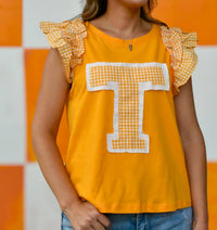 Anniewear - Patched Ruffle Sleeve Top