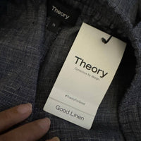 Theory Women's Linen Blend Straight Pull On Pants in navy melange eco sharkskin - women's pants - detail view