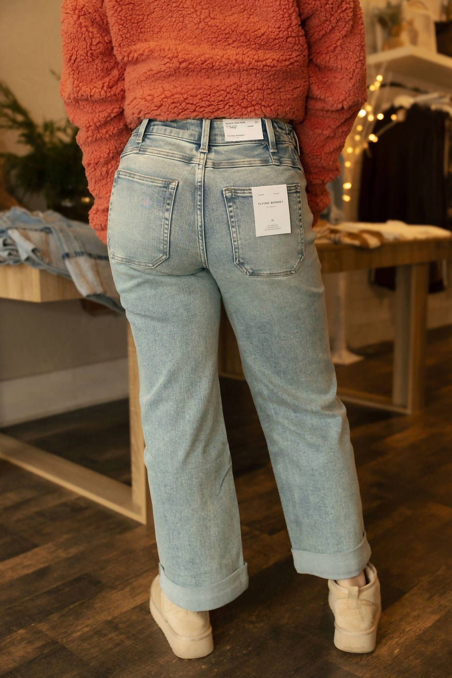 Flying Monkey - Tab Waistband Cuff Slim Wide Jeans